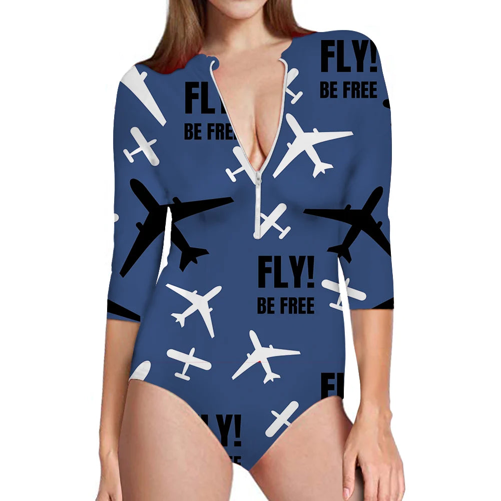 Fly Be Free Blue aviation design on stretch swim fabric deep-V swim bodysuit.
