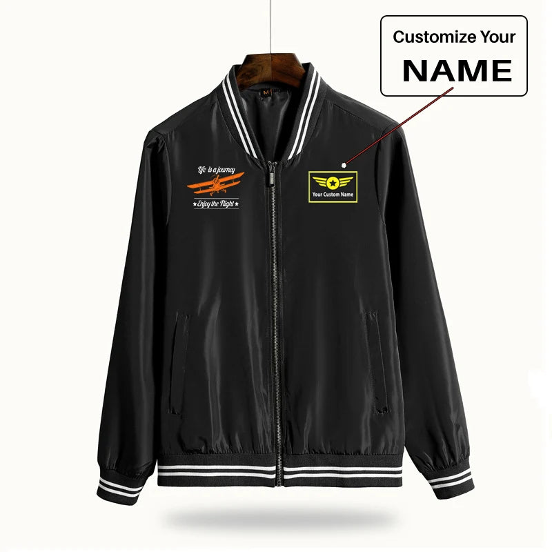 Life is a journey Enjoy the Flight aviation design printed on lightweight shell with windproof finish thin spring jacket.