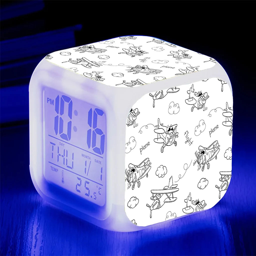 Cartoon Planes "7 Colour" Digital Alarm aviation design on premium wood and metal table clock.