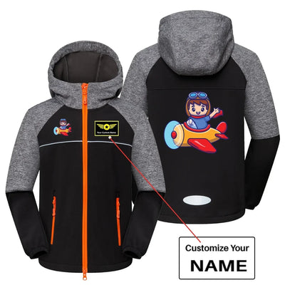 Cute Boy Driving Plane Cartoon aviation design printed on warm polar fleece kids' polar jacket.