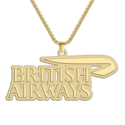 Side view of British Airways Airlines aviation hollow necklace in polished metal, polished finish.