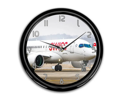 Swiss Airlines Bombardier CS100 aviation themed wall clock, premium wood and metal.