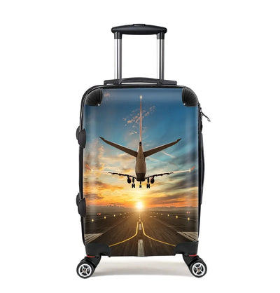 Airplane over Runway Towards the Sunrise Cabin Size aviation design luggage, durable shell construction.