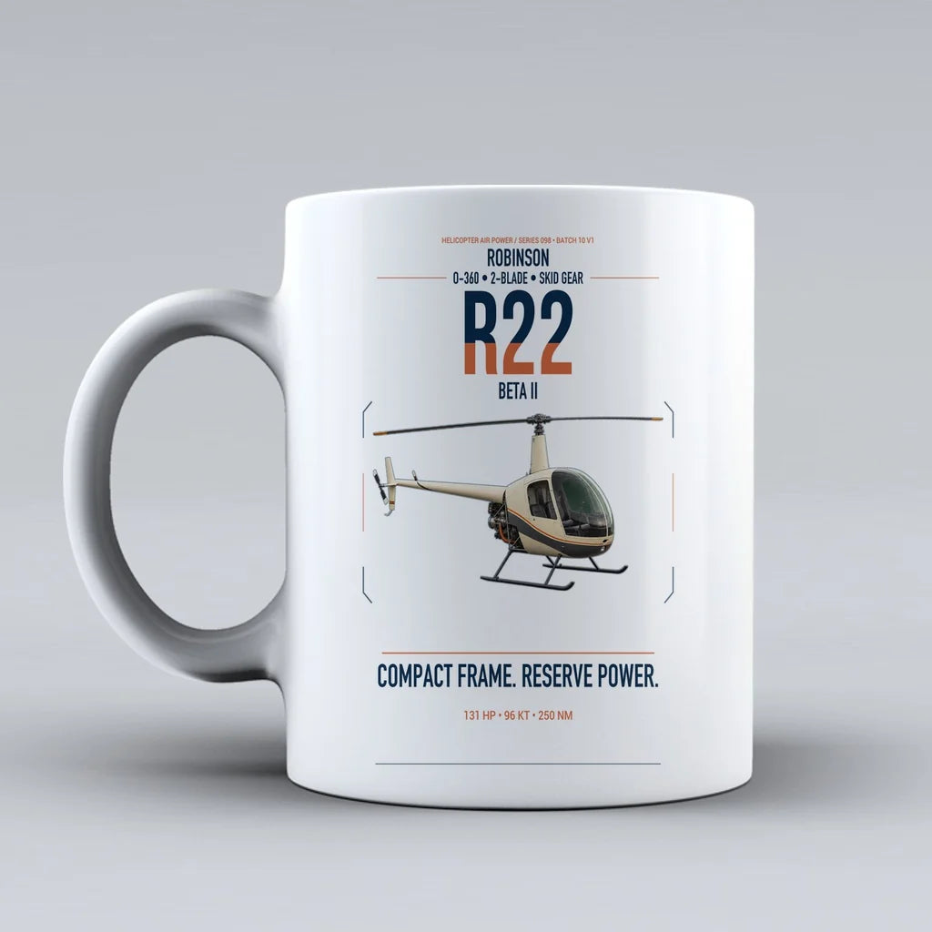 Robinson R22 Beta II design on white ceramic mug, double-side print
