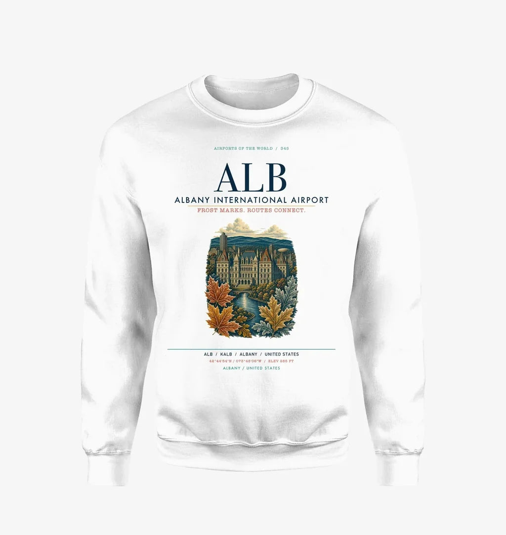 Albany International Airport (ALB) design on white sweatshirt