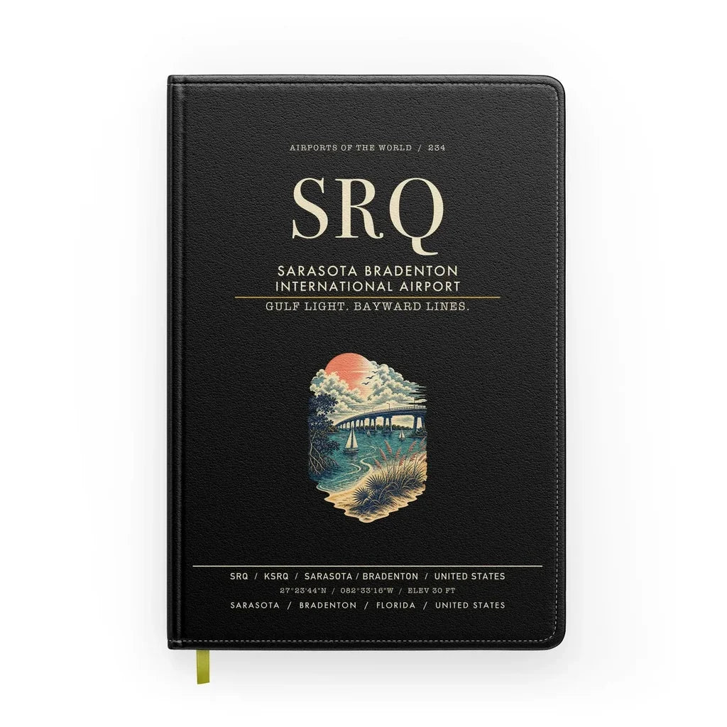 Sarasota Bradenton International Airport (SRQ) design on black notebook