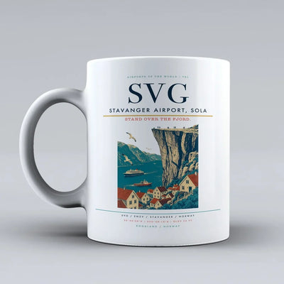 Stavanger Airport, Sola (SVG) airport code design on white ceramic mug
