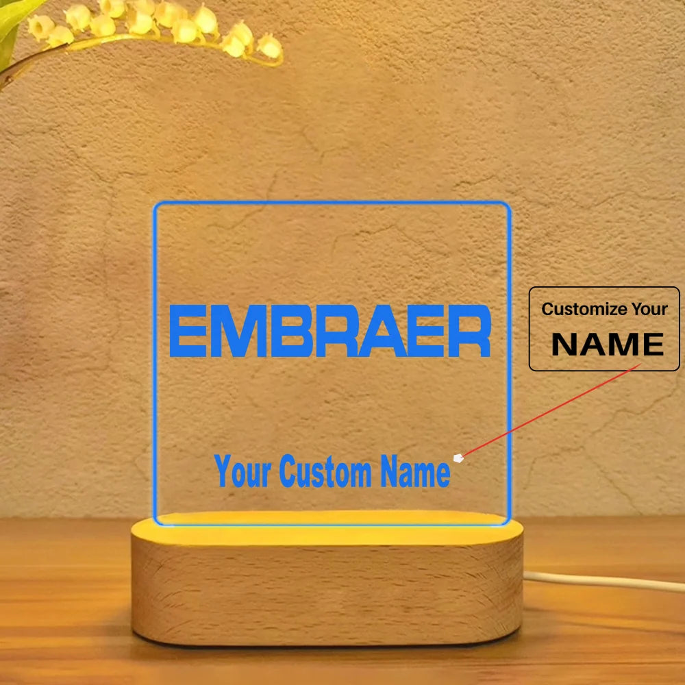 Embraer & Text aviation art night lamp in premium acrylic with LED.