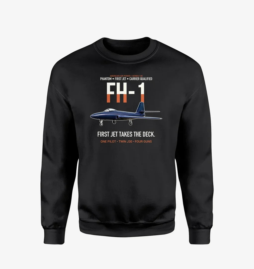 FH-1 Phantom First Jet Takes the Deck design on black sweatshirt
