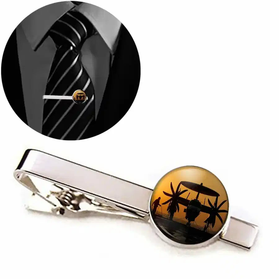 Side view of Military Plane at Sunset aviation tie clip in stainless steel, polished finish.