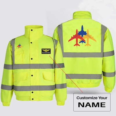 Colourful 3 Airplanes aviation design printed on insulated shell with high-visibility reflective panels reflective winter jacket.
