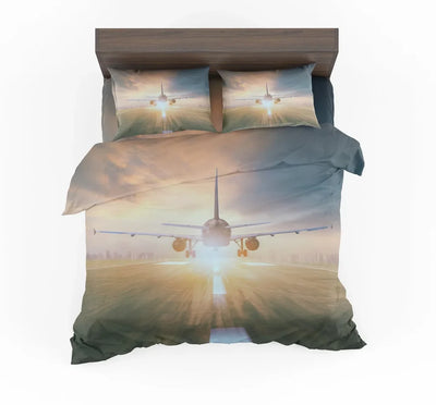 Airplane Flying Over Runway aviation print bedding set, soft cotton blend.
