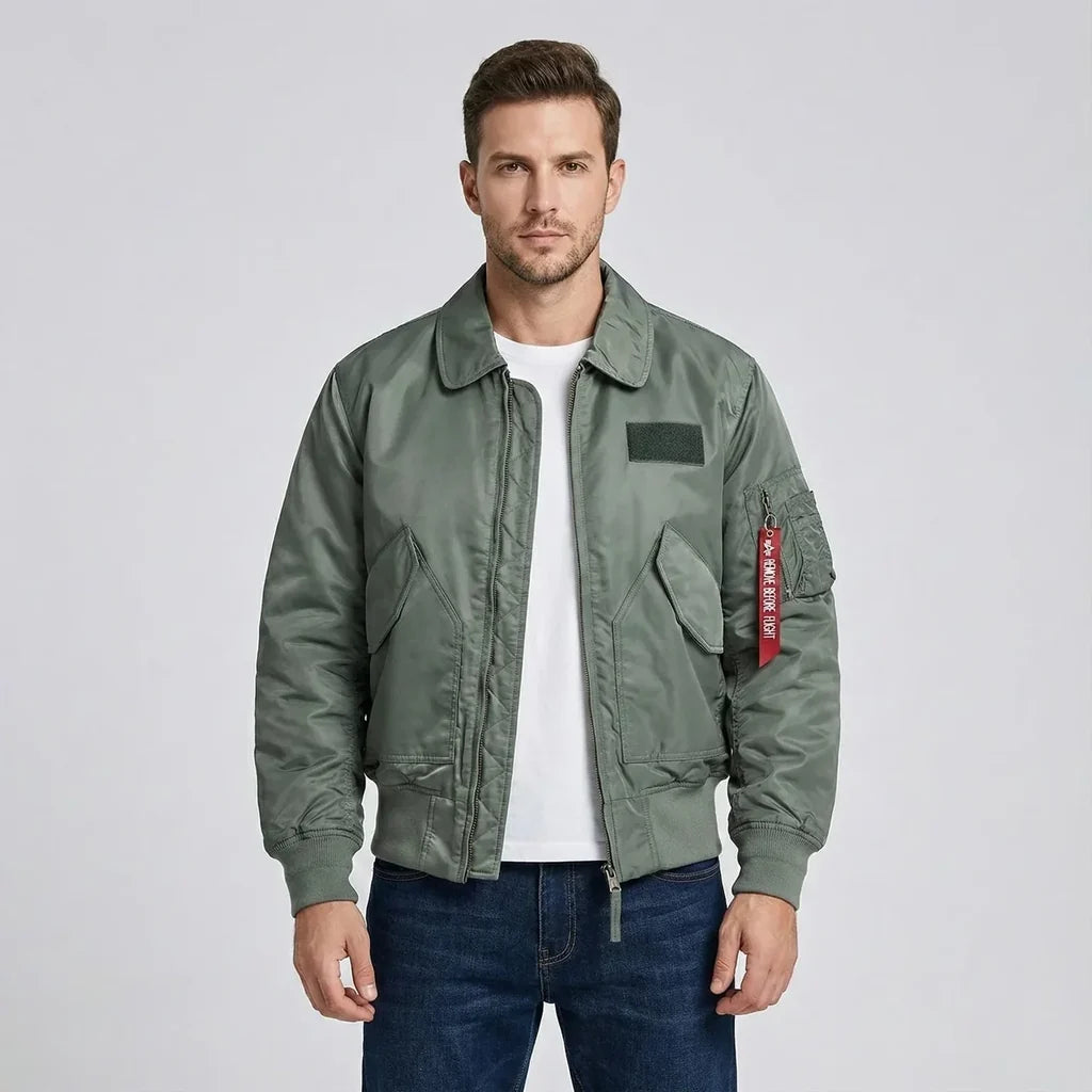 Patch Attachable aviation design printed on padded shell with classic pilot styling pilot jacket.