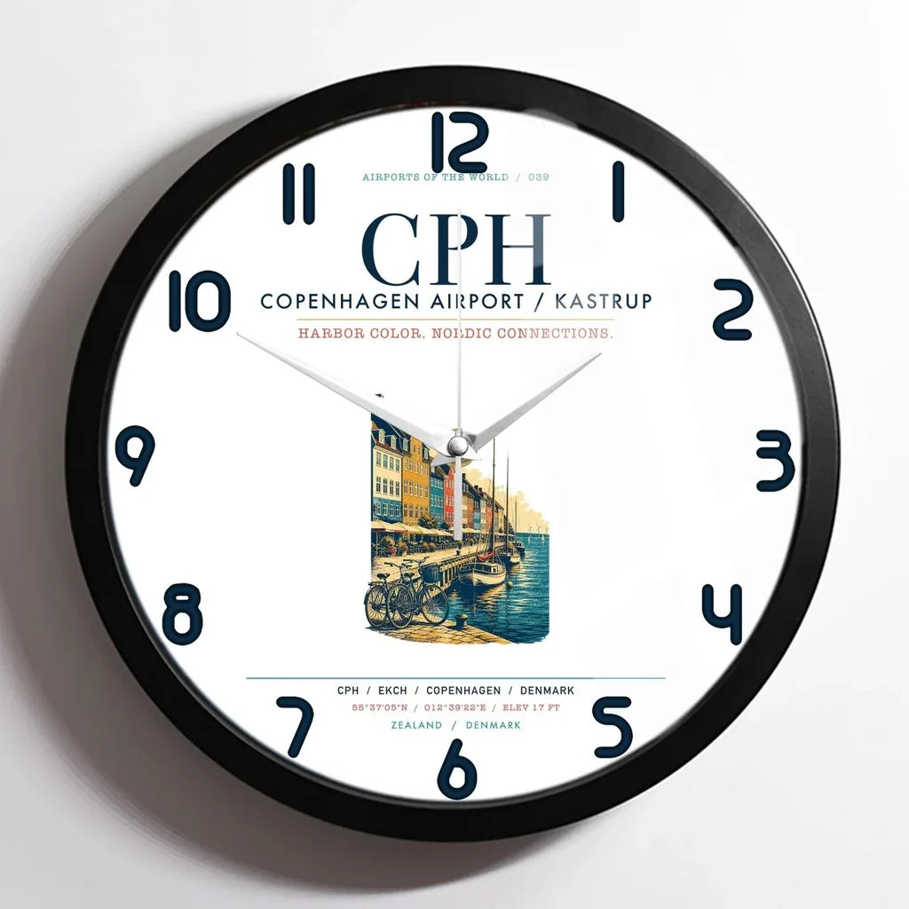 Copenhagen Airport Kastrup (CPH) design on white framed wall clock