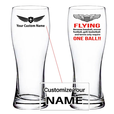 Flying One Ball aviation design on pilsner glass, tall pilsner glassware.
