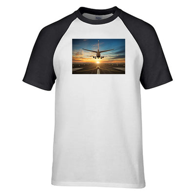 Airplane over Runway Towards the Sunrise aviation design printed on soft cotton raglan T-shirt.