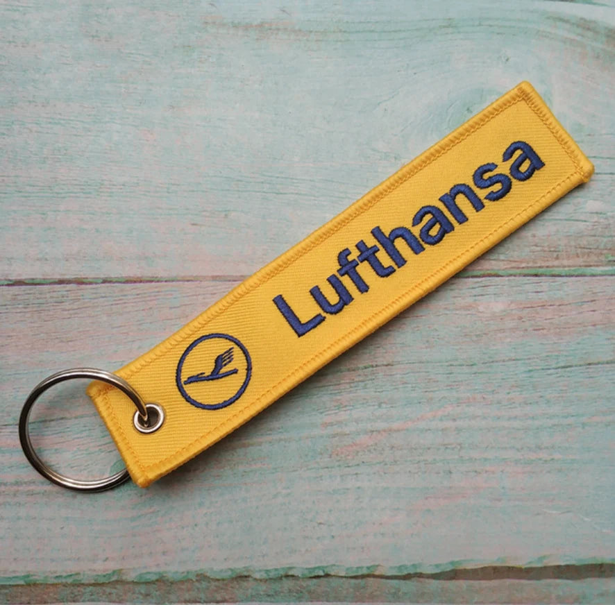 Lufthansa Airlines aviation Remove Before Flight key chain, aviation-tag style webbing.