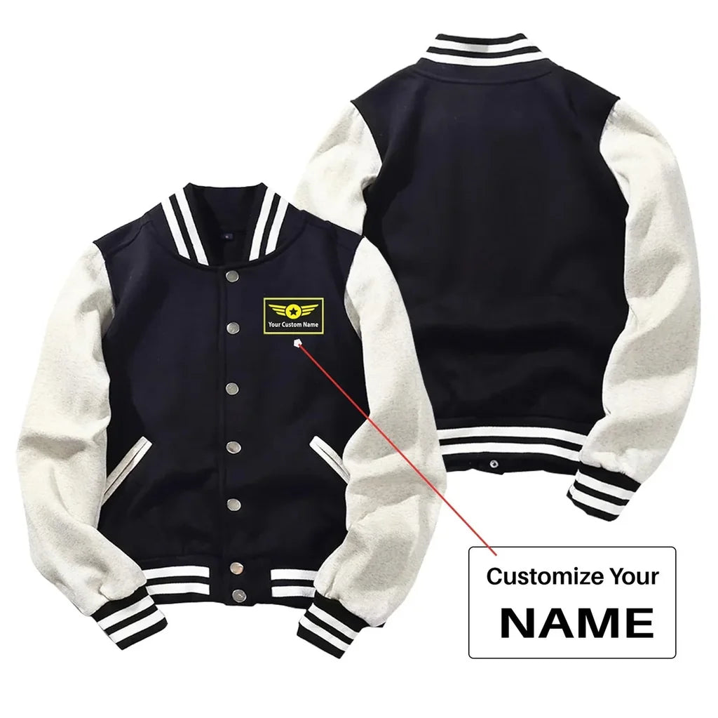 Custom Name with "Special Badge" Baseball Style aviation design printed on two-tone shell with ribbed cuffs baseball jacket.