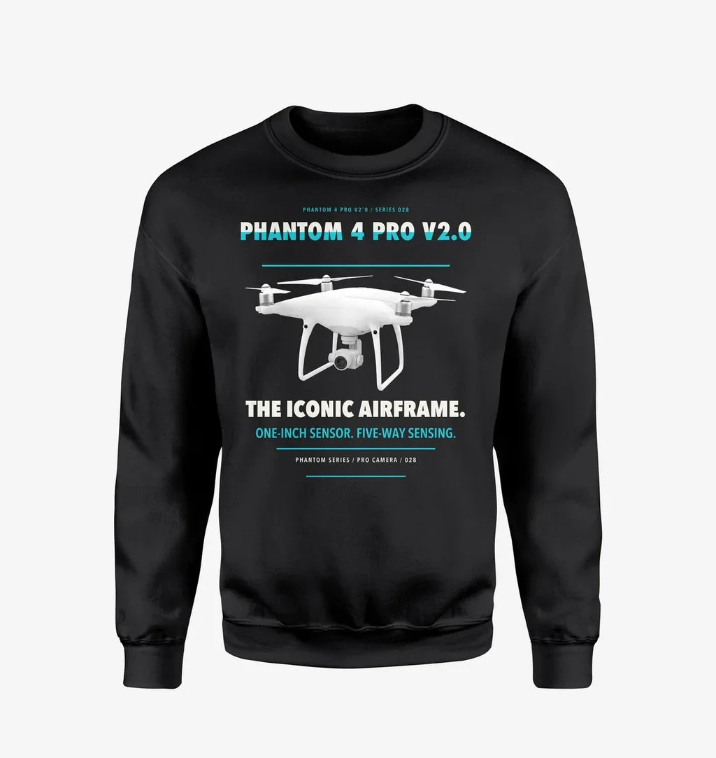 DJI Phantom 4 Pro V2.0 design on black sweatshirt