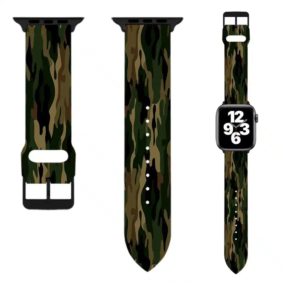 Military Camouflage Army Green aviation Apple Watch band, soft silicone body with engraved detail.