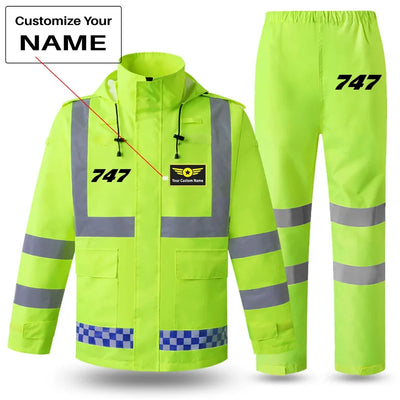 Boeing 747 Flat Text aviation design on waterproof polyester with reflective panels reflective waterproof rainsuit set.