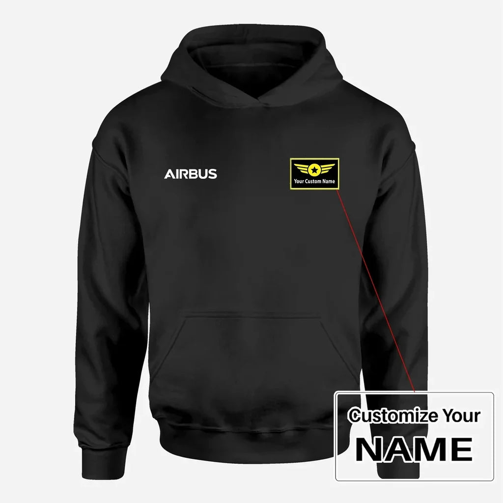 Airbus & Text aviation design on soft cotton blend men's hoodie with small chest logo.