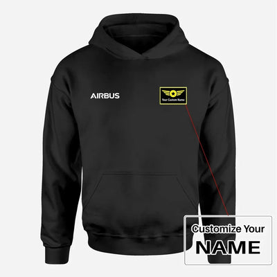 Airbus & Text aviation design on soft cotton blend men's hoodie with small chest logo.