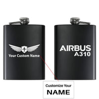 Thumbnail for Airbus A310 & Text aviation design on stainless hip flask, compact pocket-size flask.