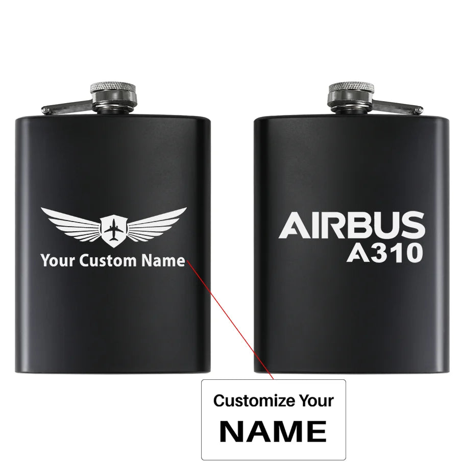 Airbus A310 & Text aviation design on stainless hip flask, compact pocket-size flask.