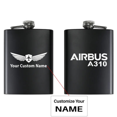 Airbus A310 & Text aviation design on stainless hip flask, compact pocket-size flask.