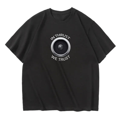 In Thrust We Trust aviation design printed on soft cotton relax-fit T-shirt.