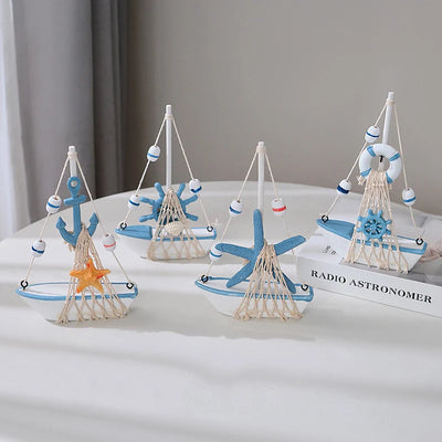 Side view of 4pc 6.69 in Light blue Cracking pattern Marine Nautical Wooden Sailboat Model Ornament aviation model ship in di.