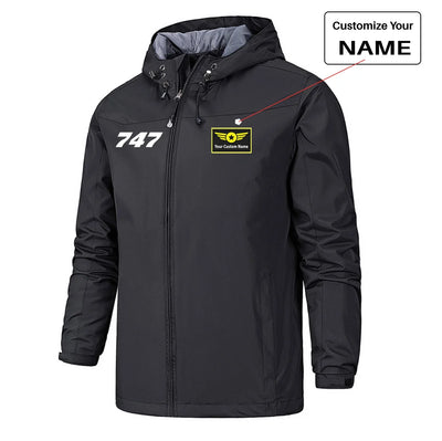 Boeing 747 Flat Text Rain Jackets & Windbreakers aviation design printed on waterproof shell with sealed seams small-logo rai.