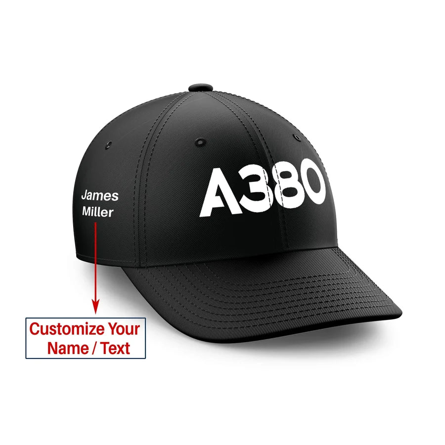 Customizable Name & A380 Flat Text Embroidered aviation embroidery on durable cotton customizable cap.