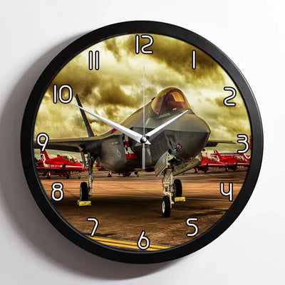 Fighter Jet 35 at Airbase aviation design on premium wood and metal wall clock.