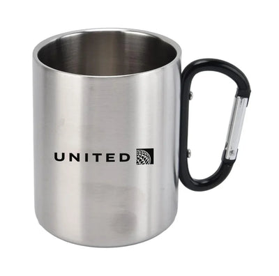 United Airlines aviation design on outdoor mug, durable insulated construction.