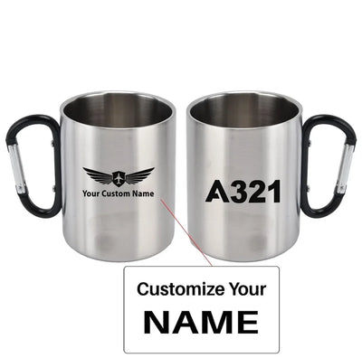 Airbus A321 Flat Text aviation design on outdoor mug, durable insulated construction.
