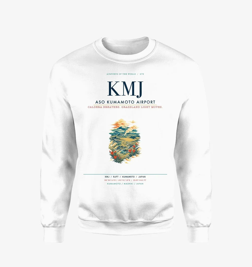 Aso Kumamoto Airport (KMJ) design on white sweatshirt