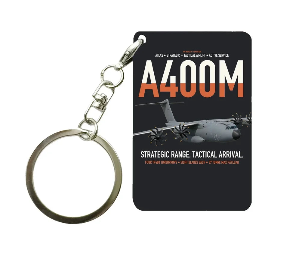 Airbus A400M Atlas design on black designed key chain, double-side print