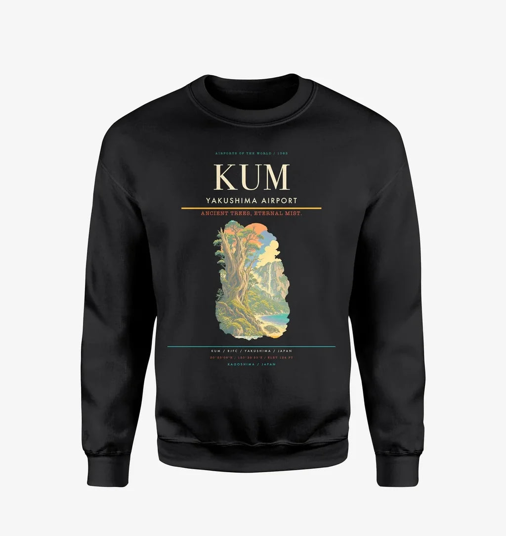 Yakushima Airport (KUM) design on black sweatshirt