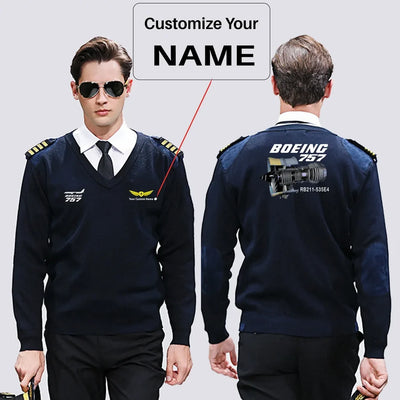 Boeing 757 & Rolls Royce Engine (RB211) aviation design on premium wool blend wool pilot sweater.