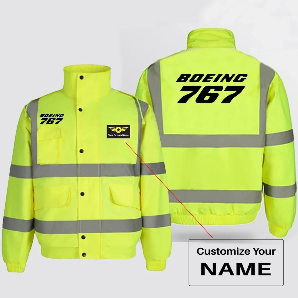 Boeing 767 & Text aviation design printed on insulated shell with high-visibility reflective panels reflective winter jacket.