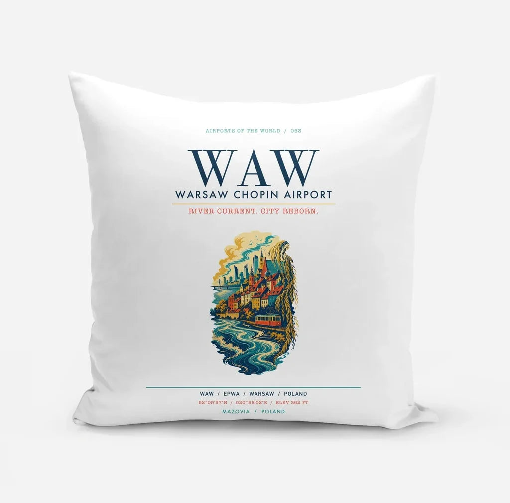 Warsaw Chopin Airport (WAW) design on white pillow
