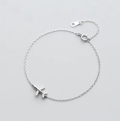 Side view of 925 Solid Real Sterling Silver Airplane Shape aviation bracelet in polished metal, polished finish.