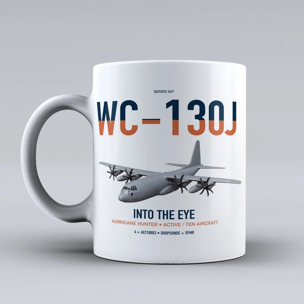 WC-130J Hurricane Hunter design on white ceramic mug, double-side print