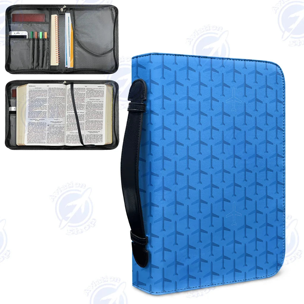 Blue Seamless Airplanes aviation design PU accessories bag, PU faux leather construction.