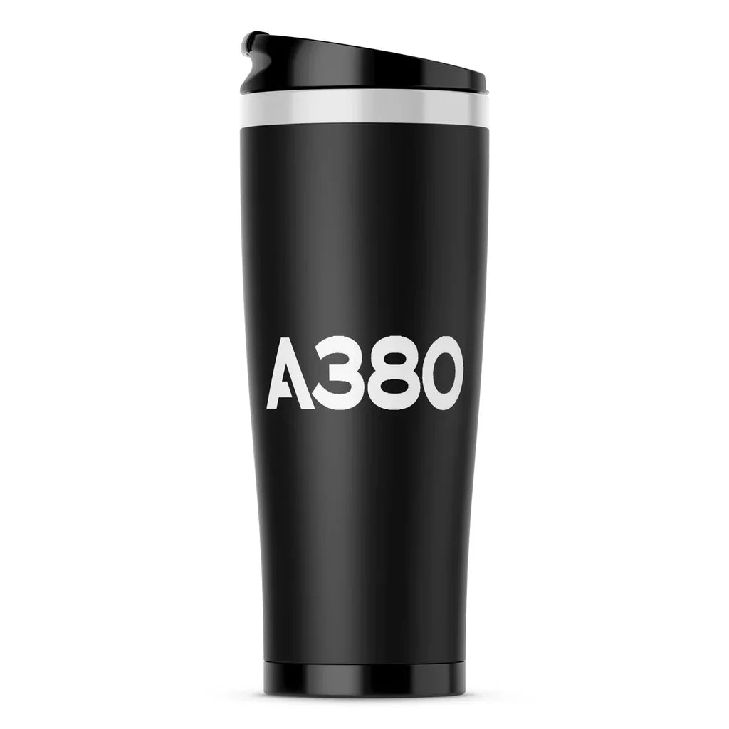 Airbus A380 Flat Text aviation design on stainless travel mug, vacuum-insulated double-wall stainless.