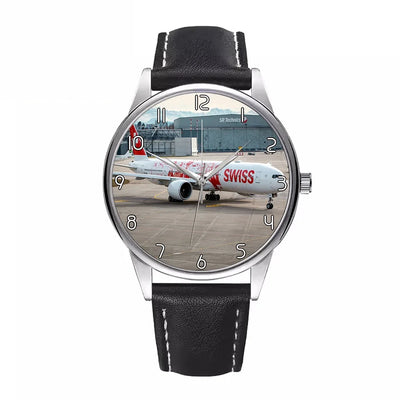 Side view of Swiss Airlines Boeing 777 aviation watch with leather strap in leather strap, polished finish.