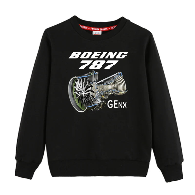 Boeing 787 & GENX Engine "CHILDREN" aviation design printed on soft cotton blend kids' sweatshirt.