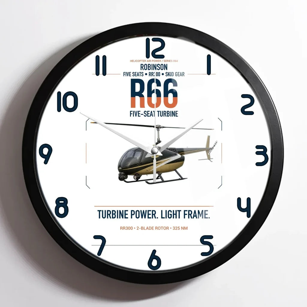 Robinson R66 design on white framed wall clock